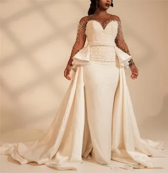 2020 ilgomis Rankovėmis Plius Dydis Undinė Vestuvių Suknelės Su Daugiau nei sijonas Perlai Zawalcowany Iliuzija Afrikos Vestuvinės Suknelės Užsakymą Vestidos