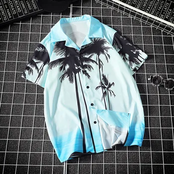 2020 metų Vasaros Havajų Marškinėliai Vyrams Turn-žemyn Apykaklės Augalų Spausdinti Drabužius trumpomis Rankovėmis Mygtuką Atsitiktinis Marškinėliai Blue Prarasti Estetinės Viršūnės