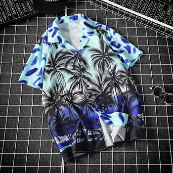 2020 metų Vasaros Havajų Marškinėliai Vyrams Turn-žemyn Apykaklės Augalų Spausdinti Drabužius trumpomis Rankovėmis Mygtuką Atsitiktinis Marškinėliai Blue Prarasti Estetinės Viršūnės