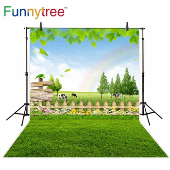 Funnytree fotografijos fonas pavasario žolės karvė gėlių, medžių lapų vaivorykštė ūkio fone dekoro photocall fotografijos spausdinti