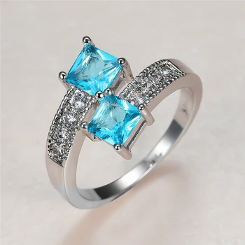 Mielas Moterų Šviesiai Mėlyna Kristalų Žiedas Senovinių Kvadratinių Cirkonis Akmuo, Vestuvių Žiedai Moterims Žada Sidabro Spalvos Vestuvinis Žiedas