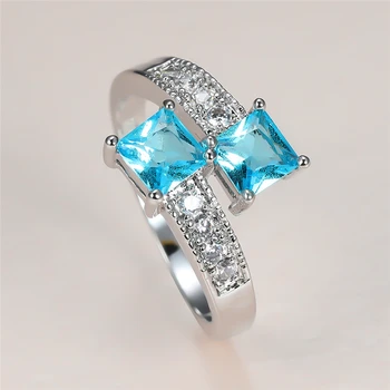 Mielas Moterų Šviesiai Mėlyna Kristalų Žiedas Senovinių Kvadratinių Cirkonis Akmuo, Vestuvių Žiedai Moterims Žada Sidabro Spalvos Vestuvinis Žiedas