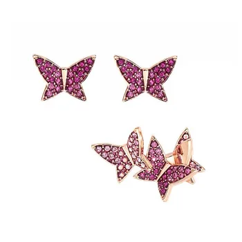 Aukštos kokybės swa asimetrinė spalvos drugelis auskarai mados rožinės spalvos drugelis moterų auskarai trijų dalių papuošalai