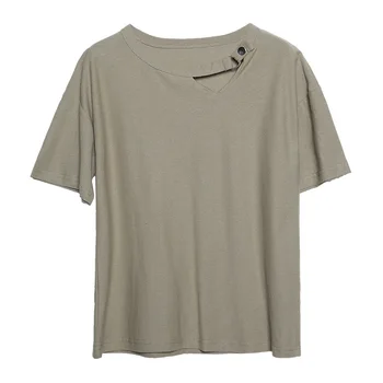 2020 metų vasaros karšta parduoti stiliaus medvilnės prarasti tuščiaviduriai mygtuką antkaklis trumpomis rankovėmis T-shirt moterų gryna spalva viršūnes moterų atsitiktinis tees