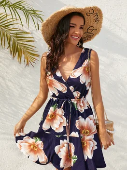 Moteris Seksuali Mini Suknelė Vasaros Gėlių Spausdinti Varčias Paplūdimio Plius Dydis Suknelė Boho Raukiniai-line Sundress Elegantiškas Šalis Suknelė Vestidos