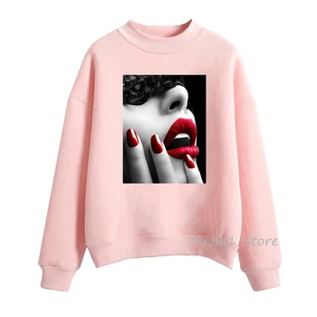 Raudona nagų lako spausdinti Derliaus palaidinukė moterų Rožinė Negabaritinių hoodie moletom feminino kpop žiemos drabužių streetwear