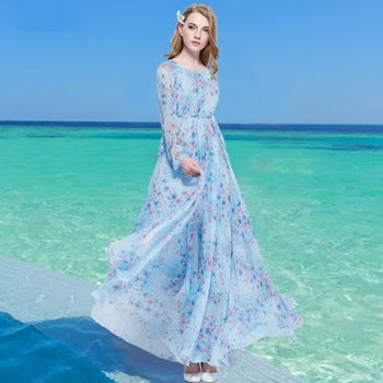 2019 Mėlyna Gėlių Ilgas Rankovėmis Boho Holiday Beach Negabaritinių Maxi Suknelė Lengvas Vestuvių Svečių Bridesmaid, Sundress