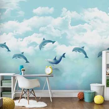 Custom 3D Tapetai Šiaurės Rankomis Dažyti Animacinių filmų Dangus, Balti Debesys Delfinų Foto Freskos Vaikų Kambarys Lipnios Sienos Lipdukai