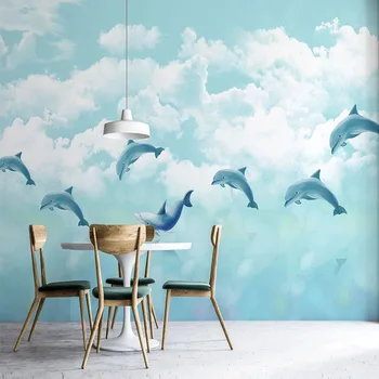 Custom 3D Tapetai Šiaurės Rankomis Dažyti Animacinių filmų Dangus, Balti Debesys Delfinų Foto Freskos Vaikų Kambarys Lipnios Sienos Lipdukai