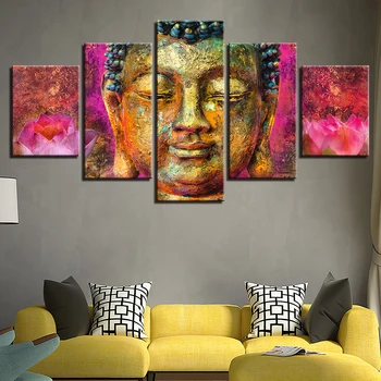 Drobė Nuotraukas HD Spaudinių Sienos Menas 5 Gabalus Aukso Budos Abstrakčių Paveikslų Kambarį Dekoro Pink Lotus Flower Plakatai Sistema
