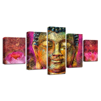 Drobė Nuotraukas HD Spaudinių Sienos Menas 5 Gabalus Aukso Budos Abstrakčių Paveikslų Kambarį Dekoro Pink Lotus Flower Plakatai Sistema