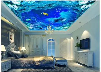 3D tapetai užsakymą 3d lubų tapetai freskomis sienos Jūrų vandens linijos, Jūros delfinai lubų freskomis 3d kambarį namų dekoro