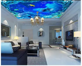 3D tapetai užsakymą 3d lubų tapetai freskomis sienos Jūrų vandens linijos, Jūros delfinai lubų freskomis 3d kambarį namų dekoro