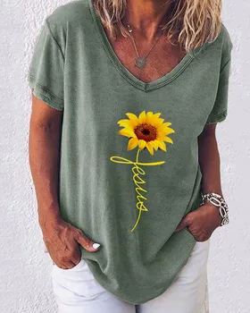 Moterų Trumpomis Rankovėmis Saulėgrąžų T-Shirt, Mielas, Juokingas Grafinis V Kaklo Palaidi Tinka Viršų Tees