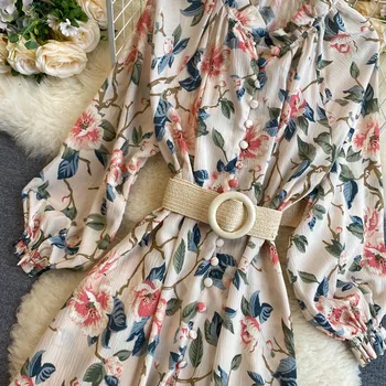 Mados Gėlių Spausdinti Ilga Suknelė Moterims Pavasario Vasaros Ilgomis Rankovėmis Linijos Šifono Suknelė Su Varčias Ponios Elegantiškas Šalis Vestidos