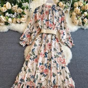Mados Gėlių Spausdinti Ilga Suknelė Moterims Pavasario Vasaros Ilgomis Rankovėmis Linijos Šifono Suknelė Su Varčias Ponios Elegantiškas Šalis Vestidos