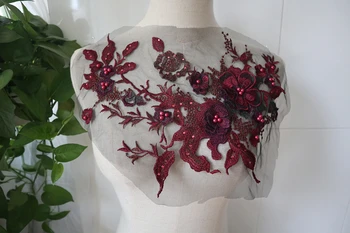 10pieces tamsus raudonas 3D gėlėmis išsiuvinėtu nėrinių lopai haute couture kostiumų, drabužių priedai