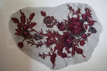 10pieces tamsus raudonas 3D gėlėmis išsiuvinėtu nėrinių lopai haute couture kostiumų, drabužių priedai