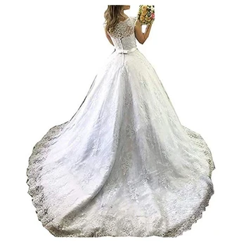 2019 Naujas Perlas Kaklo Lace A-Line Wedding Dresses 2019 Aplikacijos Su Laivapriekio, Kuriems Mygtuką Valyti Traukinio Nuotakos Suknelė