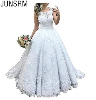 2019 Naujas Perlas Kaklo Lace A-Line Wedding Dresses 2019 Aplikacijos Su Laivapriekio, Kuriems Mygtuką Valyti Traukinio Nuotakos Suknelė