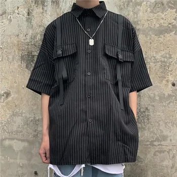 Vyrai atsitiktinis marškinėliai slim fit, atskirtas marškinėliai mygtuką iki trumpomis rankovėmis palaidinė juodos spalvos vyriškų drabužių streetwear vasaros gotikos viršuje M-XL
