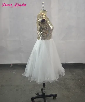 Aukso Blizgučiais Trumpas Bridesmaid Suknelę, Paprastas Stilius Kelio Ilgis Prom Dress
