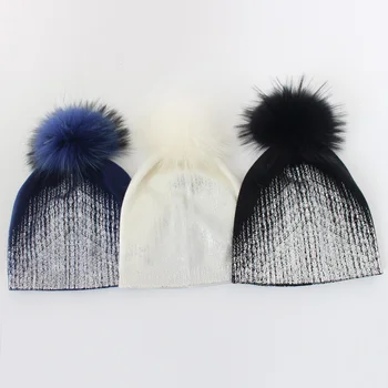Unikali Sidabro Dažų Žiemos Skrybėlės Moterims su tikro Kailio Pom Pom Storio Žiemos Beanies Kepurės Vyrams