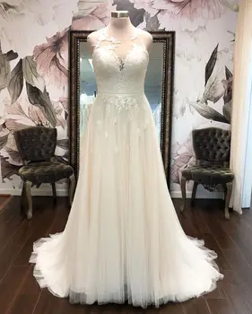 2020 Mados Vestuvių Suknelės, Nėriniai Appliqued Rankovių Mygtuką Atgal Vestuvių Suknelės Realių Vaizdų Linijos Nuotakos Suknelė