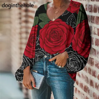 Mados Naujų 2020 m. Pavasarį Moterys Didelio Dydžio Prarasti Viršūnes Big Red Rose Spausdinimo Moterų Vasaros Atsitiktinis V-kaklo Gėlių Palaidinė ropa mujer