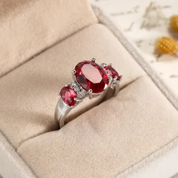 Aneis Bagues 925 Sterlingas Sidabro, Raudonos spalvos, Ovalo formos Kristalų CZ Piršto Žiedai Moterų Mados Vestuvių Valentino Dienos dovanos Papuošalai