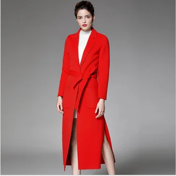 2020 naujas žiemos kašmyras raudonas paltas su diržu moterims, rankų darbo, dvipusis vilnonis mėlynos spalvos paltai drabužius vidutinio ilgio Paltas outwears