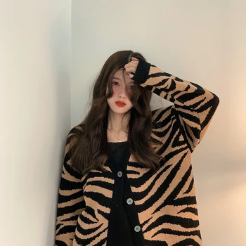 2020 M. Žiemos Paltai Outwear Šiltas Gyvūnų Spausdinti Streetwear Moterų Tiger Stripe Mygtuką Atsitiktinis V-Kaklo Drabužių Moterų Megztinis Švarkas
