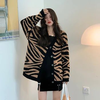 2020 M. Žiemos Paltai Outwear Šiltas Gyvūnų Spausdinti Streetwear Moterų Tiger Stripe Mygtuką Atsitiktinis V-Kaklo Drabužių Moterų Megztinis Švarkas