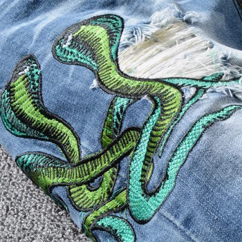Europos, Amerikos Streetwear Vyrų Džinsai Mėlyna Spalva Sunaikinta Kankina Džinsai Vyrų Slim Fit Kobra Siuvinėjimo Mados Hip-Hop Džinsai