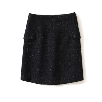Juodos spalvos tvido sijonas ryškios šilko tvido 2019 m. pavasario / rudens moterų sijonas dvieiliai aukštos juosmens, klubų sijonas