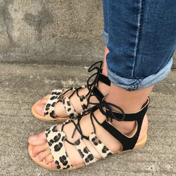 Leopard Romos Sandalai Moterims Nėriniai-up Atidaryti Tne Sandale Femme Maišyti Spalvas High-top Pulko Butai Gladiatorių Sandalias Mujer Didelis Size43