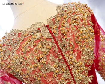 Vestido madrinha longo naujas Samtelis kaklo tiulio aplikacijos pearl pusė rankovės aukso raudona vestuvės dress realios foto abiti damigel