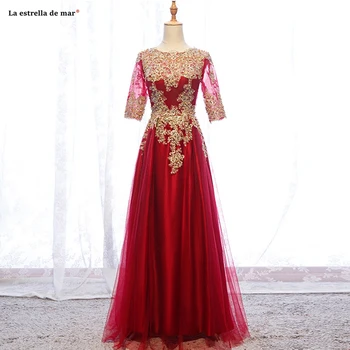 Vestido madrinha longo naujas Samtelis kaklo tiulio aplikacijos pearl pusė rankovės aukso raudona vestuvės dress realios foto abiti damigel