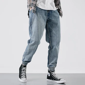 Japonų Stiliaus Mados, Vyrų Džinsai Retro Mėlyna Palaidi Tinka Spliced Krovinių Kelnės Haremo Džinsai Vyrams Streetwear Hip-Hop Poilsiu Homme Džinsų