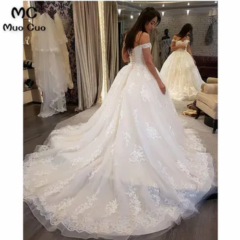 2018 Elegantiškas nuo Peties Vestuvių Suknelės Kamuolys Chalatai trumpomis Rankovėmis Chalatas de mariage Tiulio vestido de noiva Vestuvinės Suknelės
