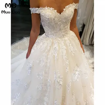 2018 Elegantiškas nuo Peties Vestuvių Suknelės Kamuolys Chalatai trumpomis Rankovėmis Chalatas de mariage Tiulio vestido de noiva Vestuvinės Suknelės