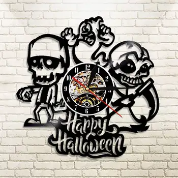 Laimingas Halloween Naktį Sienos Dekoratyvinis Vinilinis Įrašas Sieninis Laikrodis Kaukolės Skeletas & Dvasios Derliaus Laikrodis Sieninis Žiūrėti Siaubo Apdaila