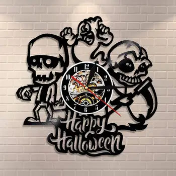 Laimingas Halloween Naktį Sienos Dekoratyvinis Vinilinis Įrašas Sieninis Laikrodis Kaukolės Skeletas & Dvasios Derliaus Laikrodis Sieninis Žiūrėti Siaubo Apdaila