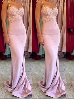 Rožinė Bridesmaid Suknelę 2020 Elastingos Satino Spalvingas Spagečiai Dirželiai Undinė Nėrinių Aplikacijos Backless Ilgai Vestuvių Svečias Šalis Suknelė