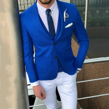 Pagal užsakymą Pagaminti Baltos Kelnės Royal Blue Vyrų Kostiumai, Vestuvių Kostiumai Žalia Žmogus, Verslo Sportinius Jaunikis Tuxedos Terno Masculino 3Pieces