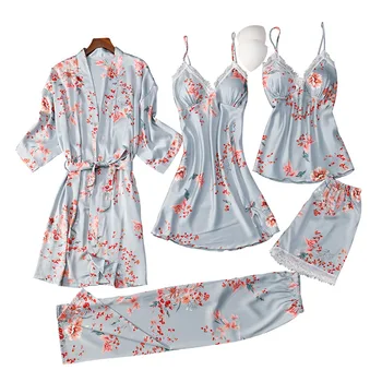 2020 metų Vasaros Naują Dirbtiniais Šilko Moterims, 5VNT Skraiste Suknelė Rinkiniai Seksualus Spausdinti Gėlių Pižamą Visą Rankovės Lounge Sleepwear Chalatas naktiniai drabužiai
