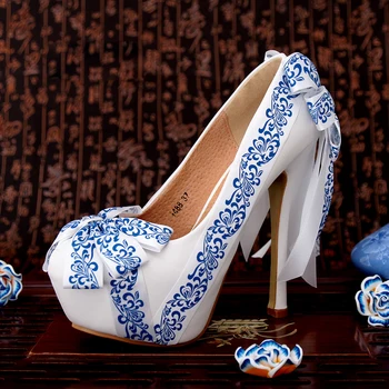Moteriški Vestuviniai Bateliai Mėlynos Ir Baltos spalvos Porceliano Modelis Juostelės Laivapriekio Nuotakos Šalis 14cm Aukšto Kulno, Suapvalinti Tne Batai Seksuali Moteris Siurbliai