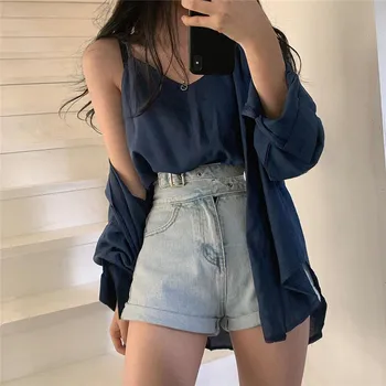 Mados mėlyna aukšto juosmens ponios diržas, džinsai, šortai moteriška 2021 naujas vasaros sporto kelnės Harajuku trumpas džinsai streetwear dugnas