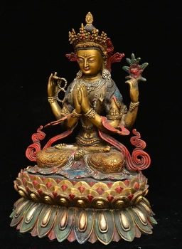 Tibeto Bronzos Piešimo Spalvą, 4 Rankos Chenrezig Deivė Budos Statula Avalokiteshvara