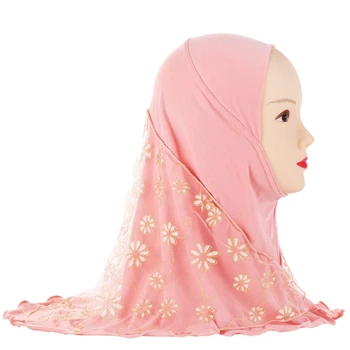 Vaikai Vaikai Musulmonų Mažos Mergaitės Hijab Su Nėrinių Gėlių Modelio Islamo Šalikas Skaros Ruožas 56cm 7-11 Metų